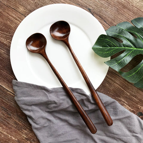 Long Spoons Wooden Natural Round Cooking Spoon for Soup Cooking Mixing Stirr Korean Style Kitchen Utensil Eco-Friendly Reusable