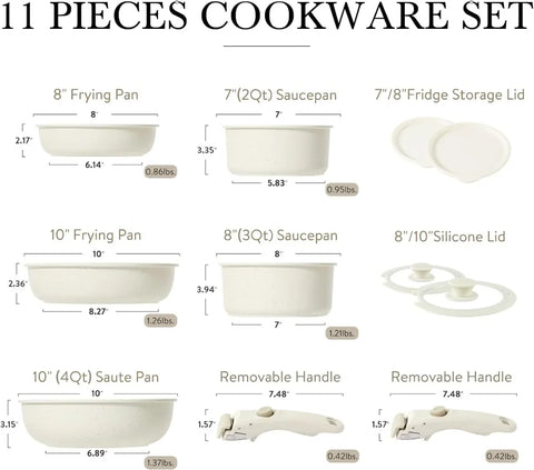 11pcs Pots and Pans Set, Nonstick Cookware Sets Detachable Handle, Induction RV Kitchen Set Removable Handle,