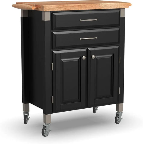 Home Styles Black Prep and Serve Kitchen Cart with Natural Top, Locking Casters, Two Drawers, Two Storage Cabinets