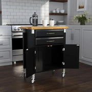 Home Styles Black Prep and Serve Kitchen Cart with Natural Top, Locking Casters, Two Drawers, Two Storage Cabinets