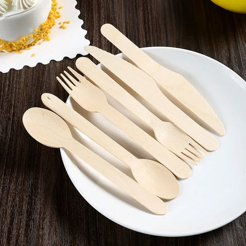 Disposable Wooden Spoon Set Wooden Knife Fork Cake Dessert Spoon Fruit Fork Ice Cream Spoon Biodegradable Commercial Tableware