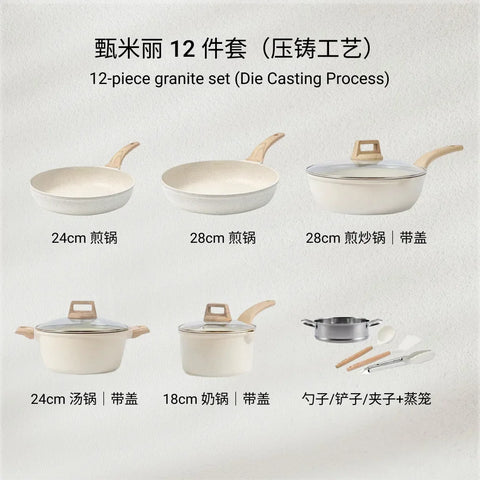 White Granite Cookware Non-Stick Kitchen Cookware Induction Pots and Pans Set Frying Pan Set Durable Kitchenware