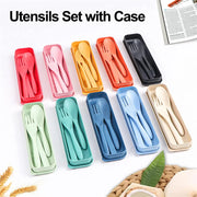 Reusable Travel Utensils Set With Case Box Wheat Straw Portable Knife Fork Spoons Set Tableware Eco-Friendly BPA Free Cutlery