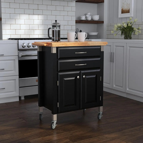 Home Styles Black Prep and Serve Kitchen Cart with Natural Top, Locking Casters, Two Drawers, Two Storage Cabinets