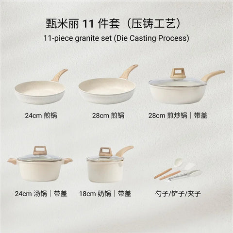 White Granite Cookware Non-Stick Kitchen Cookware Induction Pots and Pans Set Frying Pan Set Durable Kitchenware