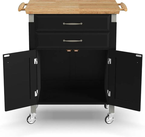 Home Styles Black Prep and Serve Kitchen Cart with Natural Top, Locking Casters, Two Drawers, Two Storage Cabinets