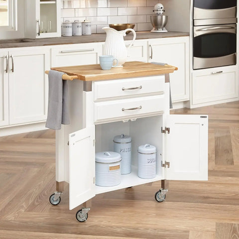 Home Styles Black Prep and Serve Kitchen Cart with Natural Top, Locking Casters, Two Drawers, Two Storage Cabinets