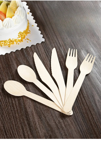 Disposable Wooden Spoon Set Wooden Knife Fork Cake Dessert Spoon Fruit Fork Ice Cream Spoon Biodegradable Commercial Tableware