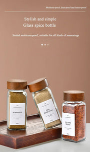 Acacia covered glass seasoning bottle Square Seasoning Storage Bottles Kitchen Salt Spices Ground Pepper Sealing Tools