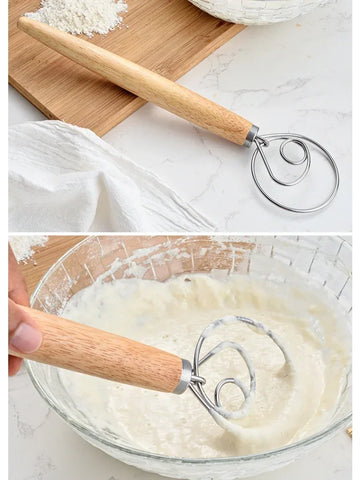 Cake Tools Danish Dough Whisk Stainless Steel Dutch Bread Dough Hand Mixer Wooden Handle Kitchen Baking Tools Artisian Blender