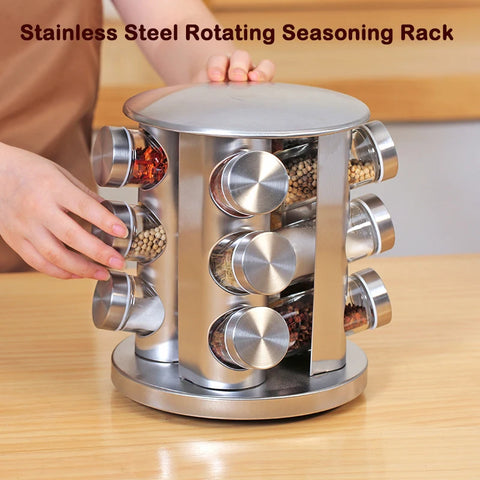 Stainless Steel Rotating Seasoning Rack Kitchen Supplie Seasoning Jar Set Herb And Spice Tools Glass Spice Jar Condiments Shelf