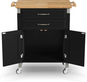 Home Styles Black Prep and Serve Kitchen Cart with Natural Top, Locking Casters, Two Drawers, Two Storage Cabinets