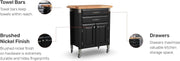 Home Styles Black Prep and Serve Kitchen Cart with Natural Top, Locking Casters, Two Drawers, Two Storage Cabinets