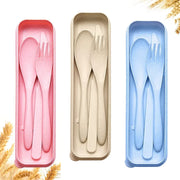 Reusable Travel Utensils Set With Case Box Wheat Straw Portable Knife Fork Spoons Set Tableware Eco-Friendly BPA Free Cutlery