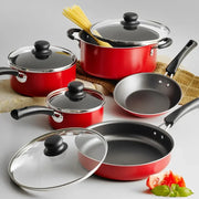 Tramontina 9-Piece Non-Stick Cookware Set Red Saute Pan Deep Saute Pan Sauce Pans Dutch Oven Riveted Handles Tempered Glass Lids