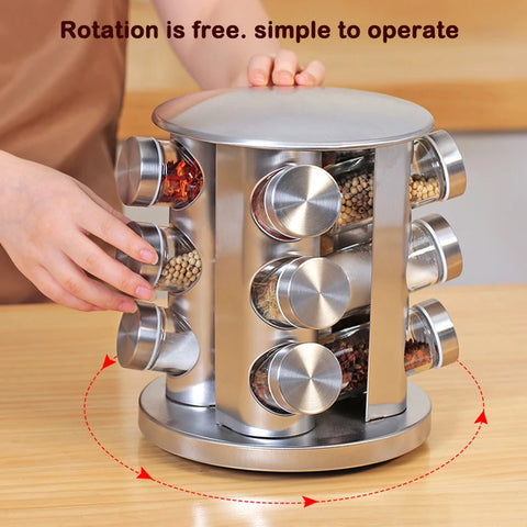 Stainless Steel Rotating Seasoning Rack Kitchen Supplie Seasoning Jar Set Herb And Spice Tools Glass Spice Jar Condiments Shelf