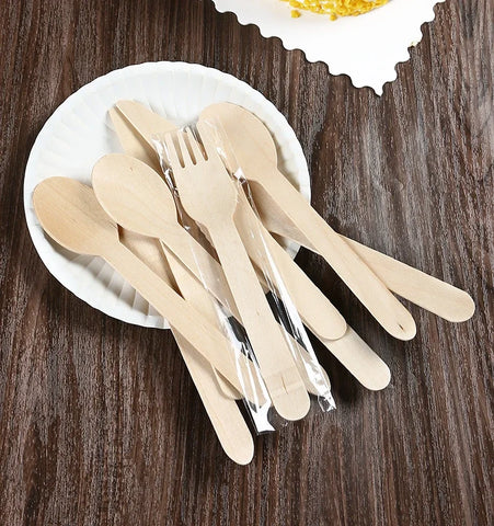 Disposable Wooden Spoon Set Wooden Knife Fork Cake Dessert Spoon Fruit Fork Ice Cream Spoon Biodegradable Commercial Tableware