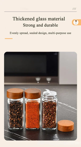 Acacia covered glass seasoning bottle Square Seasoning Storage Bottles Kitchen Salt Spices Ground Pepper Sealing Tools