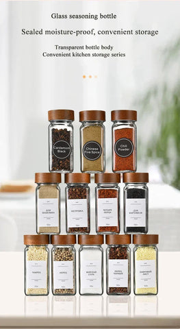 Acacia covered glass seasoning bottle Square Seasoning Storage Bottles Kitchen Salt Spices Ground Pepper Sealing Tools