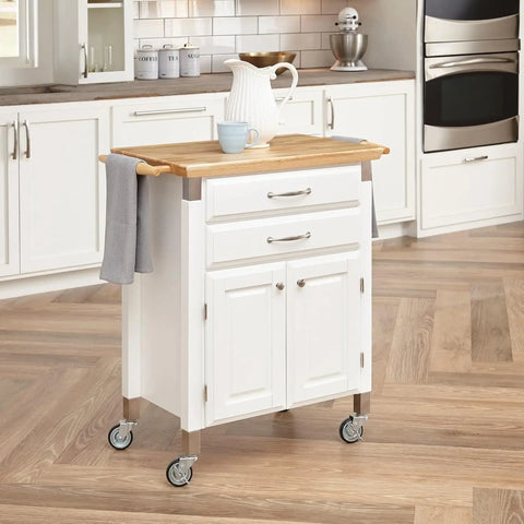 Home Styles Black Prep and Serve Kitchen Cart with Natural Top, Locking Casters, Two Drawers, Two Storage Cabinets