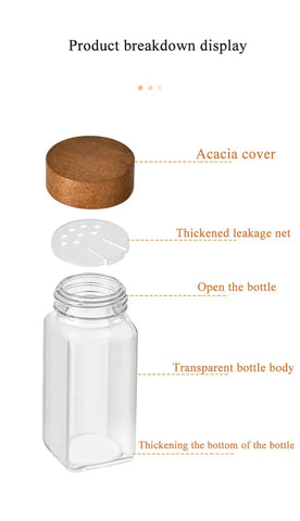 Acacia covered glass seasoning bottle Square Seasoning Storage Bottles Kitchen Salt Spices Ground Pepper Sealing Tools