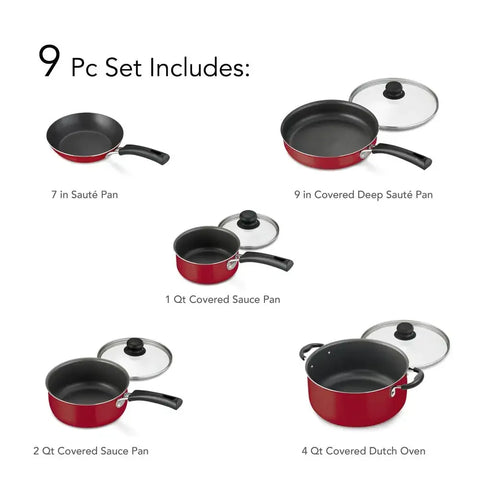 Tramontina 9-Piece Non-Stick Cookware Set Red Saute Pan Deep Saute Pan Sauce Pans Dutch Oven Riveted Handles Tempered Glass Lids