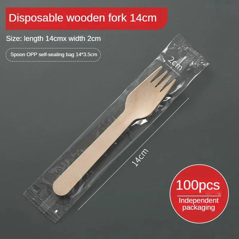 Disposable Wooden Spoon Set Wooden Knife Fork Cake Dessert Spoon Fruit Fork Ice Cream Spoon Biodegradable Commercial Tableware